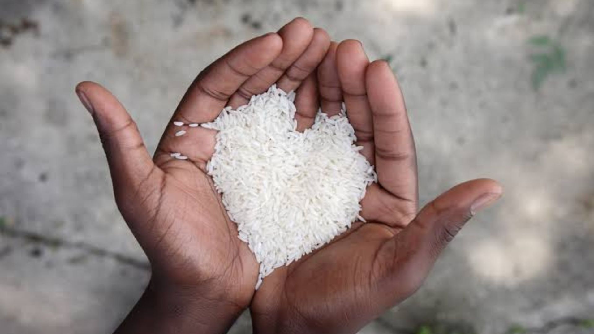 Mãos segurando arroz em formato de coração, símbolo do projeto solidário